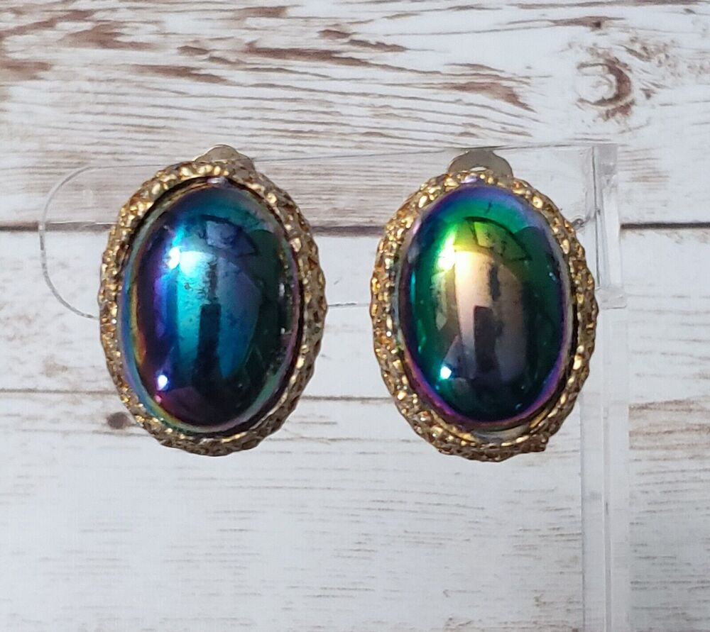 Vintage Clip On Earrings - Multi Colored Oval - Some Scuffs